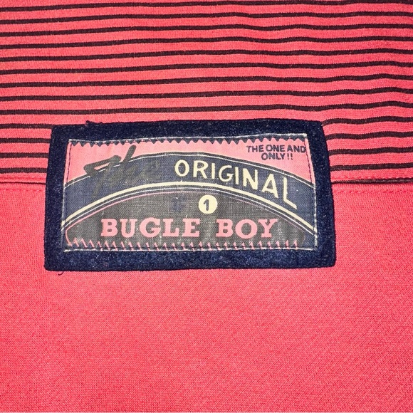 Vintage 80s 90s BUGLE BOY Red Sweater Sweatshirt L Striped Mock Neck *FLAWS - Picture 2 of 11